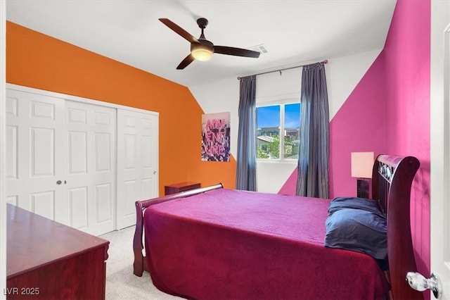 3136 Mossfield Ave, Henderson, NV 89052 - bedroom with light carpet, a closet, a ceiling fan, and vaulted ceiling