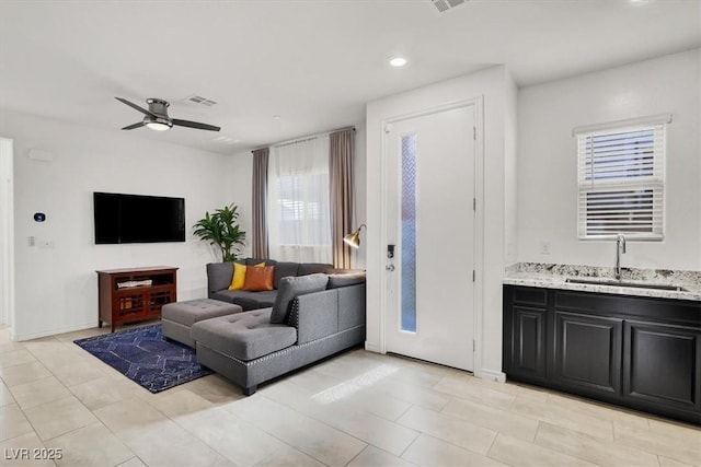 3136 Mossfield Ave, Henderson, NV 89052 - living room featuring ceiling fan, recessed lighting, and light tile patterned floors