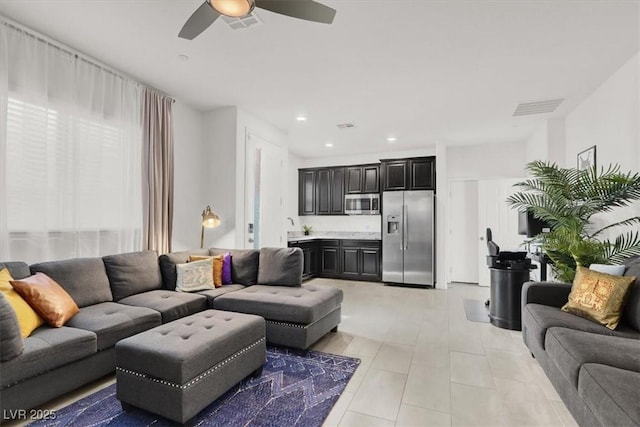 3136 Mossfield Ave, Henderson, NV 89052 - living area featuring a ceiling fan, light tile patterned floors, and recessed lighting