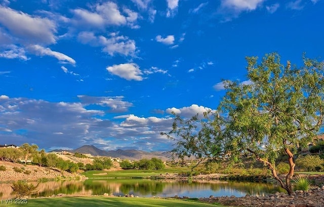 view of community featuring a water and mountain view