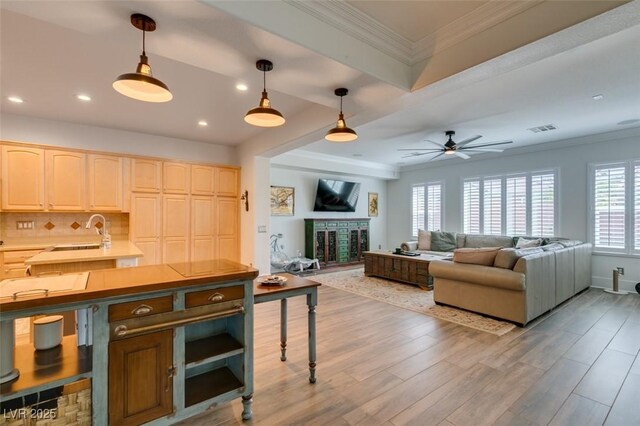 7349 Royal Melbourne Dr, Las Vegas, NV 89131 - interior space with ceiling fan, light wood finished floors, a fireplace, recessed lighting, and visible vents