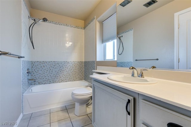 full bath with tile patterned flooring, vanity, toilet, bathing tub / shower combination, and visible vents