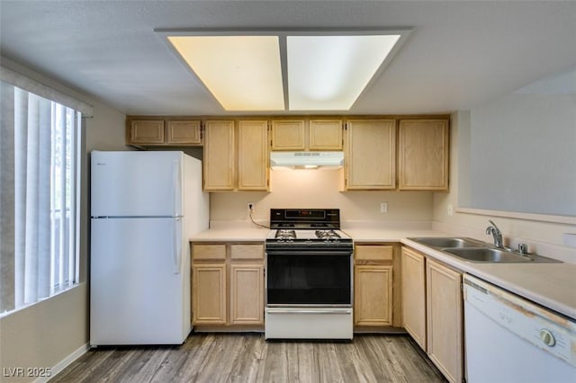 8070 W Russell Rd Unit 2121, Las Vegas, NV 89113 - kitchen featuring light brown cabinets, under cabinet range hood, white appliances, light wood finished floors, and light countertops