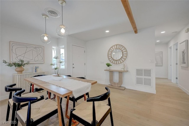 dining area featuring recessed lighting, beamed ceiling, visible vents, and light wood-style flooring