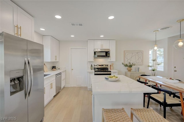 kitchen with a kitchen breakfast bar, a kitchen island, visible vents, white cabinets, and stainless steel appliances