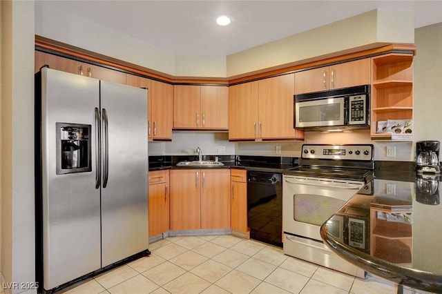 kitchen featuring open shelves, recessed lighting, a sink, appliances with stainless steel finishes, and light tile patterned floors
