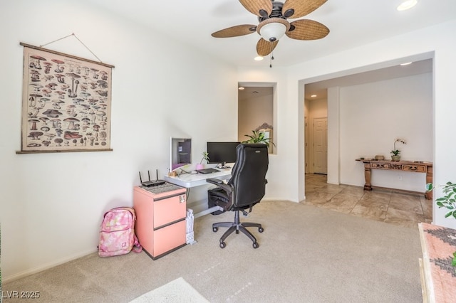 carpeted office with baseboards, a ceiling fan, and recessed lighting
