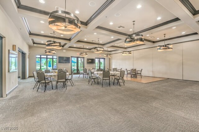 5500 E Volterra Dr, Pahrump, NV 89061 - dining space featuring coffered ceiling, crown molding, carpet flooring, a chandelier, and beam ceiling