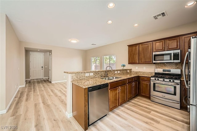 kitchen featuring appliances with stainless steel finishes, a sink, light wood finished floors, a peninsula, and visible vents