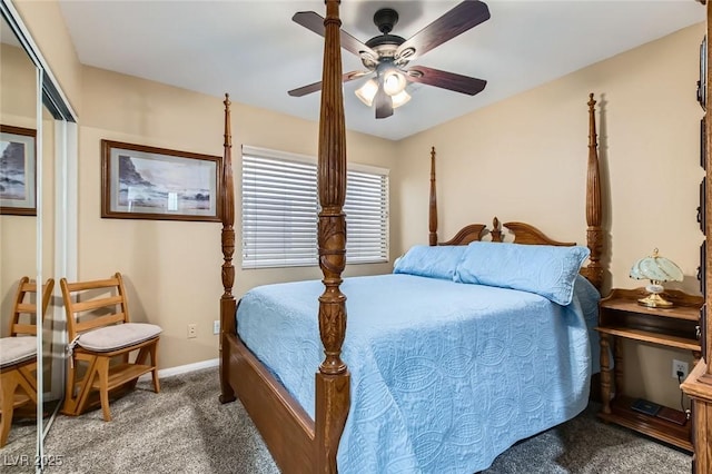 carpeted bedroom with baseboards and a ceiling fan
