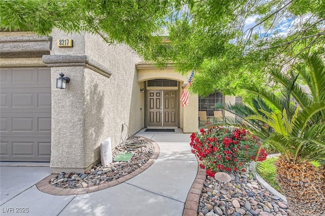 view of exterior entry with stucco siding