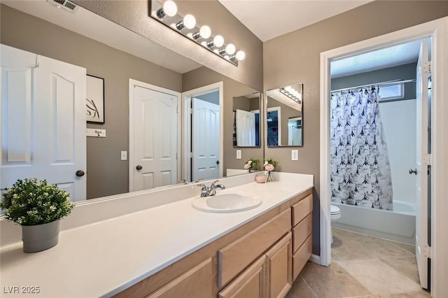 bathroom featuring vanity, toilet, tile patterned floors, shower / bathtub combination with curtain, and visible vents