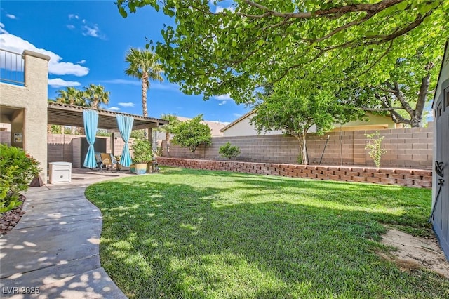 view of yard with a fenced backyard and a patio