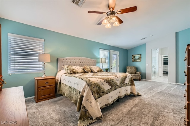 8217 Fritzen Ave, Las Vegas, NV 89131 - bedroom with light carpet, lofted ceiling, access to outside, ceiling fan, and baseboards