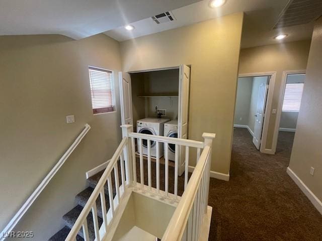 137 Coronation Ave, Las Vegas, NV 89123 - stairway with visible vents, baseboards, recessed lighting, washing machine and clothes dryer, and carpet flooring