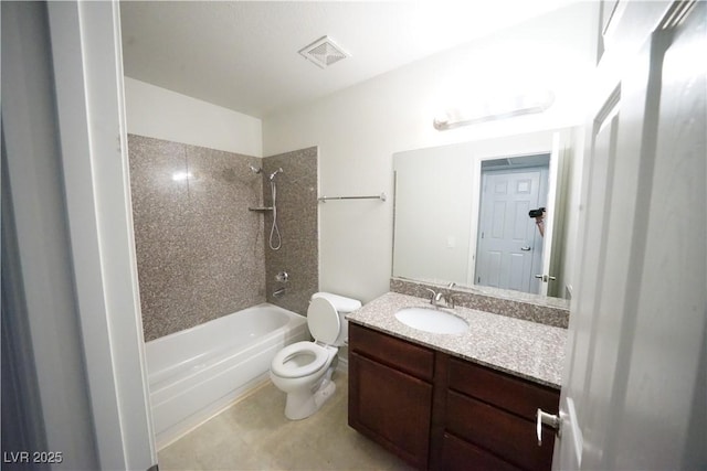 full bath with shower / washtub combination, vanity, toilet, and visible vents