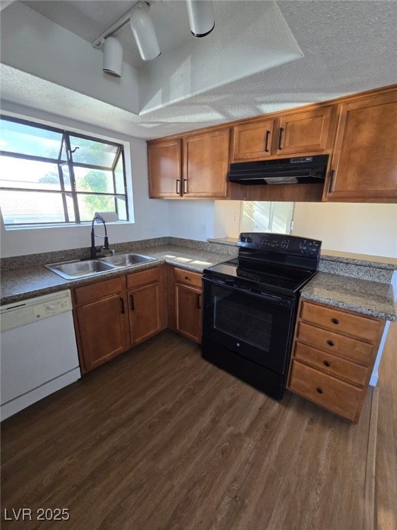 kitchen with black / electric stove, dishwasher, a sink, under cabinet range hood, and dark wood-type flooring