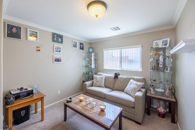 living area with visible vents, baseboards, crown molding, and light carpet