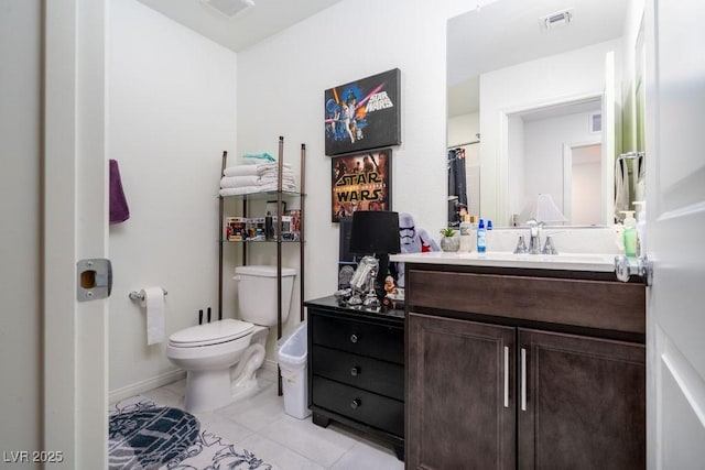 full bathroom with toilet, tile patterned floors, visible vents, and vanity