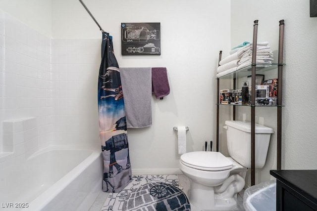 bathroom featuring toilet, baseboards, shower / bath combination with curtain, and tile patterned floors