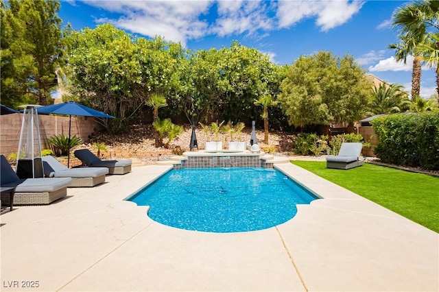 view of pool featuring a patio, a fenced in pool, and a fenced backyard