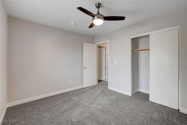 unfurnished bedroom featuring ceiling fan, baseboards, carpet, and a closet