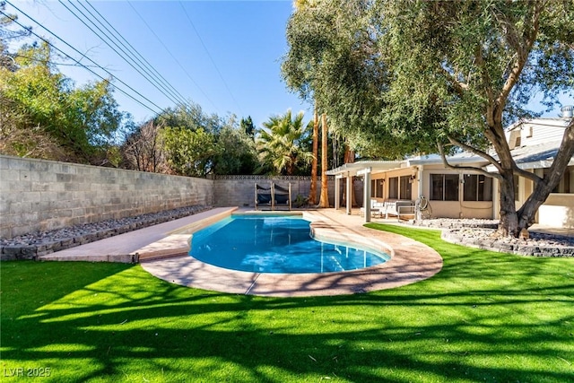 view of pool featuring a patio area, a fenced in pool, a fenced backyard, a yard, and a pergola