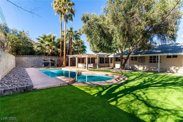view of pool featuring a pergola, a fenced backyard, a fenced in pool, a patio area, and a lawn
