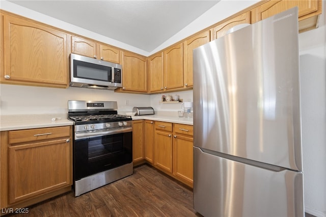 kitchen with light countertops, appliances with stainless steel finishes, dark wood-style floors, and vaulted ceiling