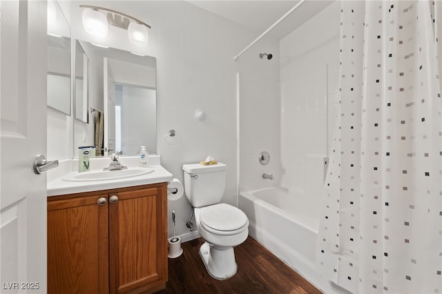 bathroom featuring vanity, shower / tub combo with curtain, wood finished floors, and toilet