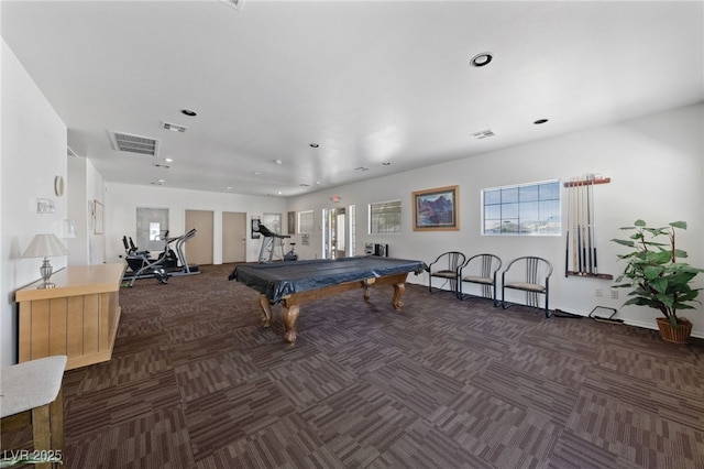 recreation room featuring visible vents, carpet, and pool table