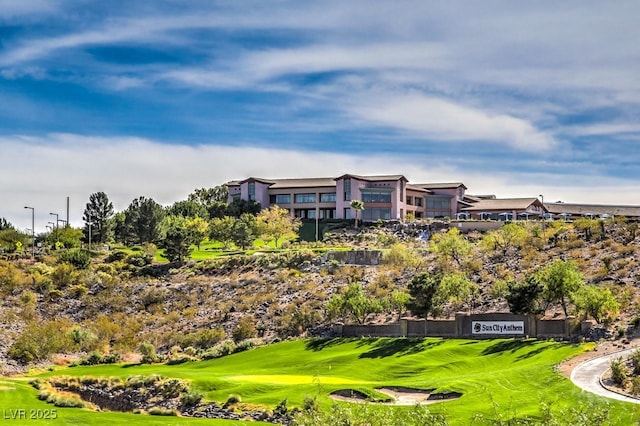 view of property's community featuring view of golf course