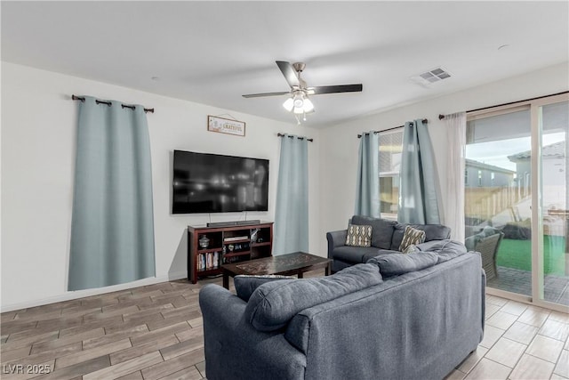 361 Andy Wheeler Dr, Henderson, NV 89011 - living room with a ceiling fan, baseboards, visible vents, and wood finish floors