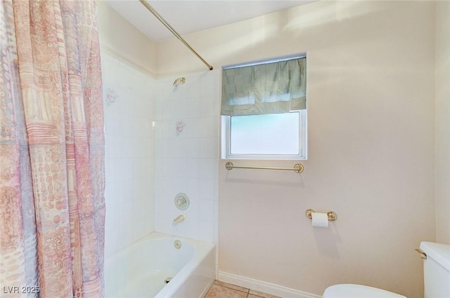 8052 Marbella Cir, Las Vegas, NV 89128 - bathroom with toilet, shower / tub combo with curtain, baseboards, and tile patterned floors