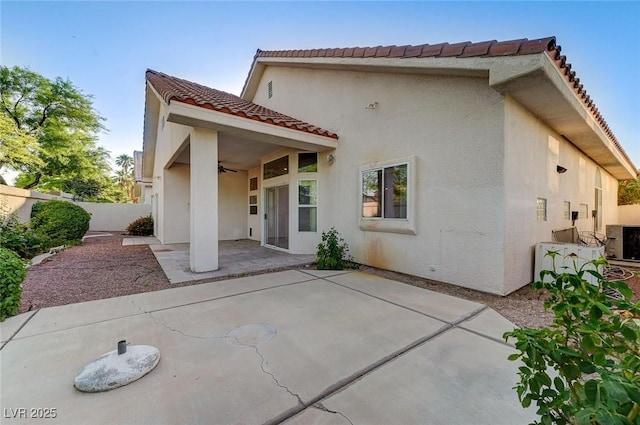 8052 Marbella Cir, Las Vegas, NV 89128 - rear view of property with ceiling fan, a tile roof, stucco siding, and a patio