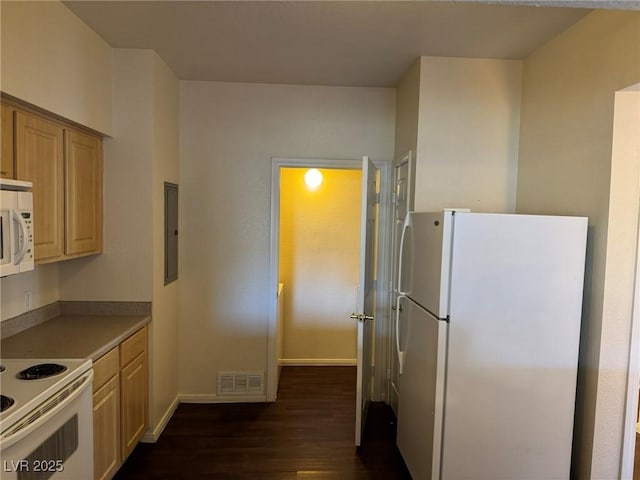 kitchen featuring white appliances, baseboards, visible vents, dark wood-style floors, and electric panel