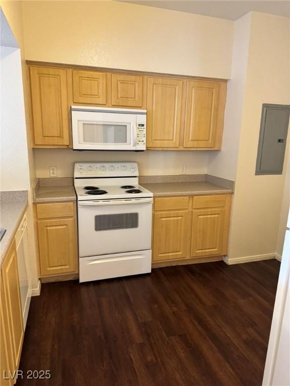 kitchen with electric panel, light brown cabinetry, dark wood finished floors, light countertops, and white appliances