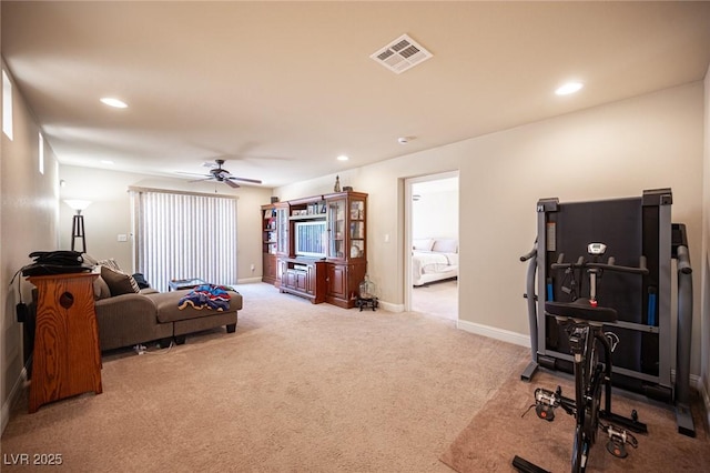 carpeted bedroom with recessed lighting, baseboards, visible vents, and ceiling fan