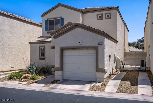 9932 Keephills St, Las Vegas, NV 89183 - view of front of property with an attached garage, stucco siding, concrete driveway, cooling unit, and a tiled roof