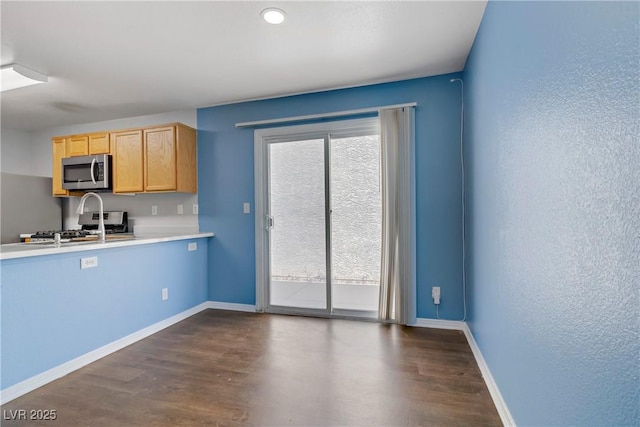 9932 Keephills St, Las Vegas, NV 89183 - kitchen with light brown cabinets, baseboards, dark wood-type flooring, light countertops, and appliances with stainless steel finishes