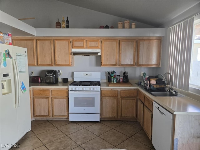 3512 Trilogy Dr, Las Vegas, NV 89108 - kitchen with a sink, light countertops, lofted ceiling, under cabinet range hood, and white appliances