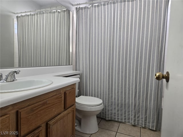 3512 Trilogy Dr, Las Vegas, NV 89108 - bathroom featuring toilet, a shower with curtain, tile patterned flooring, and vanity