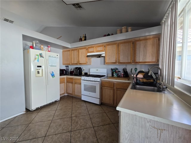 3512 Trilogy Dr, Las Vegas, NV 89108 - kitchen with a sink, white appliances, lofted ceiling, under cabinet range hood, and visible vents
