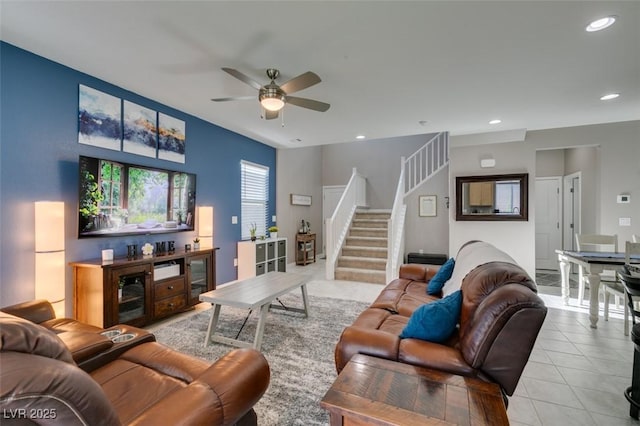 living room with recessed lighting, a ceiling fan, and stairway