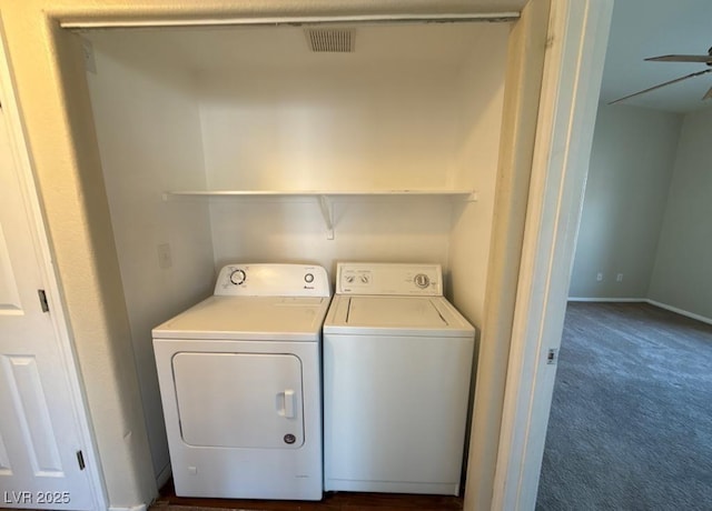 4941 Black Bear Rd Unit 202, Las Vegas, NV 89149 - laundry area with a ceiling fan, visible vents, baseboards, dark colored carpet, and separate washer and dryer