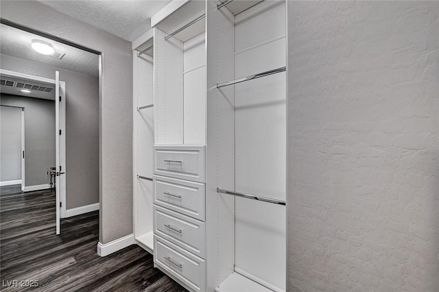 walk in closet featuring visible vents and dark wood-style floors