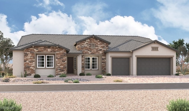 view of front of property featuring driveway, a tile roof, an attached garage, stone siding, and stucco siding
