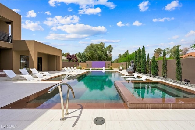 view of pool with a fenced in pool, a fenced backyard, an in ground hot tub, and a patio