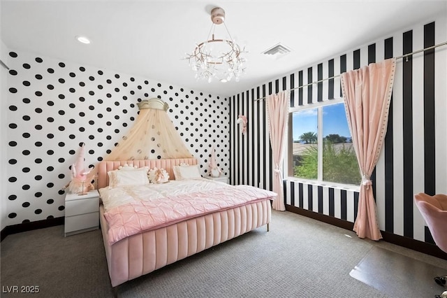 bedroom featuring carpet floors, a notable chandelier, wallpapered walls, and visible vents