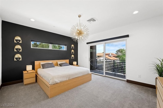 bedroom featuring carpet flooring, access to outside, visible vents, and multiple windows